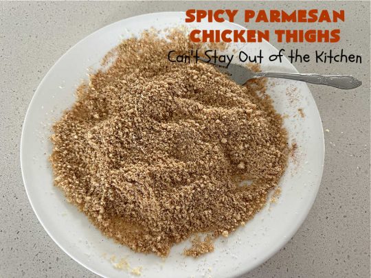 Spicy Parmesan Chicken Thighs | Can't Stay Out of the Kitchen | this #healthy #chicken #recipe is baked, NOT fried. It's marvelous for weeknight dinners because it's oven-ready in about 5 minutes. It's not overly spicy since the #ParmesanCheese mellows out the flavors. Great way to use #ChickenThighs too. #poultry #SpicyParmesanChickenThighs