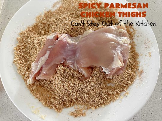 Spicy Parmesan Chicken Thighs | Can't Stay Out of the Kitchen | this #healthy #chicken #recipe is baked, NOT fried. It's marvelous for weeknight dinners because it's oven-ready in about 5 minutes. It's not overly spicy since the #ParmesanCheese mellows out the flavors. Great way to use #ChickenThighs too. #poultry #SpicyParmesanChickenThighs
