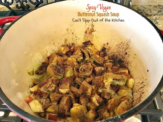 Spicy Vegan Butternut Squash Soup | Can't Stay Out of the Kitchen | this spicy #soup is an amazing way to use #apples & #butternutsquash. Great comfort food.