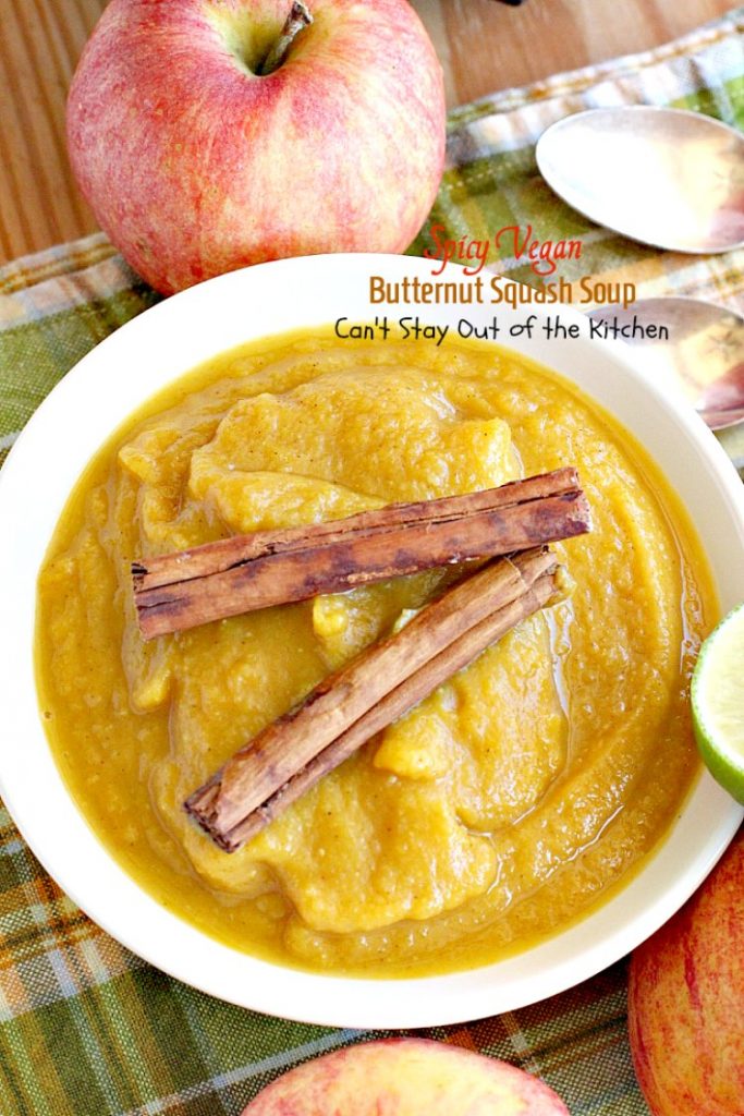 Spicy Vegan Butternut Squash Soup | Can't Stay Out of the Kitchen | this spicy #soup is an amazing way to use #apples & #butternutsquash. Great comfort food.