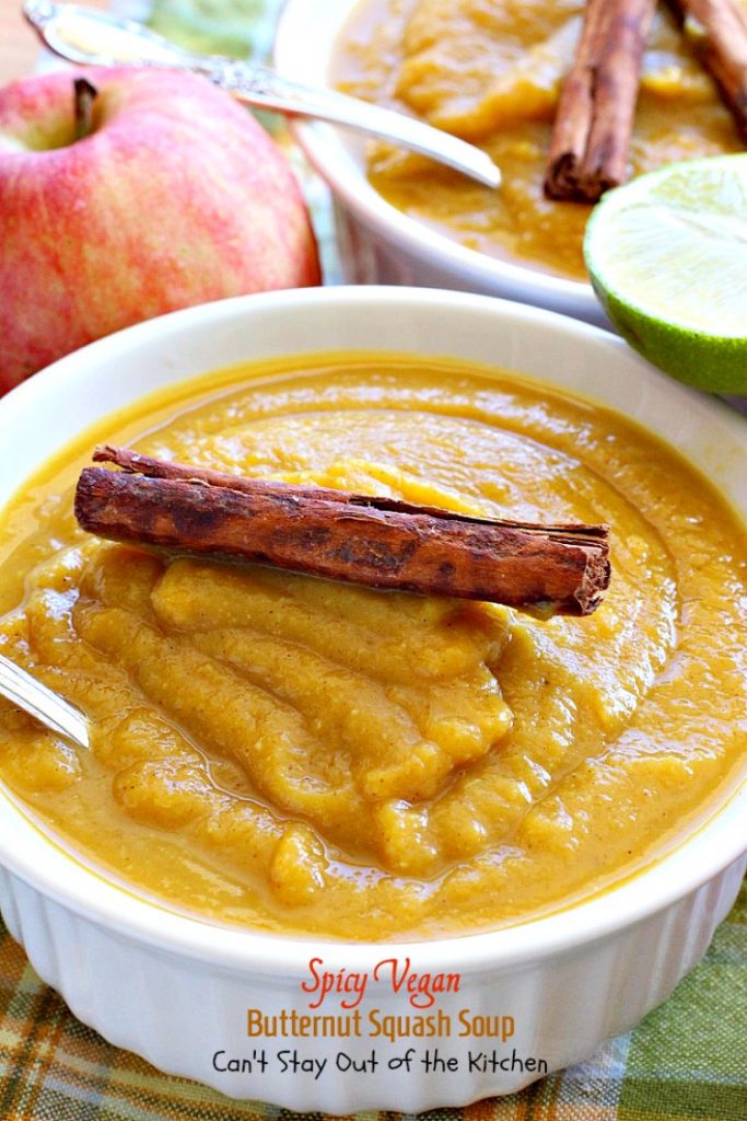Spicy Vegan Butternut Squash Soup | Can't Stay Out of the Kitchen | this spicy #soup is an amazing way to use #apples & #butternutsquash. Great comfort food.