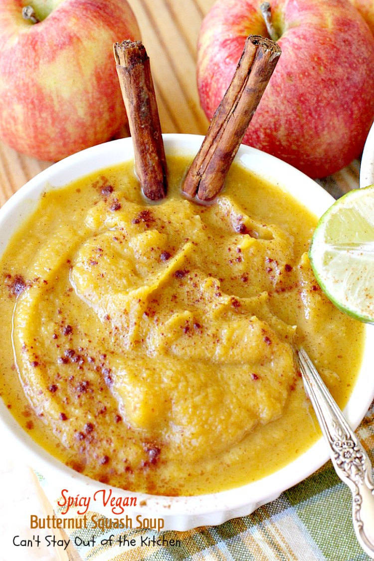 Spicy Vegan Butternut Squash Soup | Can't Stay Out of the Kitchen | this spicy #soup is an amazing way to use #apples & #butternutsquash. Great comfort food.