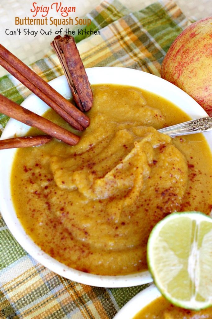 Spicy Vegan Butternut Squash Soup | Can't Stay Out of the Kitchen | this spicy #soup is an amazing way to use #apples & #butternutsquash. Great comfort food.