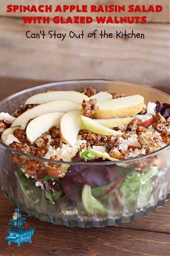 Spinach Apple Raisin Salad with Glazed Walnuts | Can't Stay Out of the Kitchen | this elegant & beautiful #salad looks like a lot of work but it can be whipped up in about 15 minutes--including the #SaladDressing! The flavors are wonderful together making it perfect for a company #salad or #holidays. Add #GrilledChicken or #GrilledSalmon for a main dish meal. #FetaCheese #raisins #apples #walnuts #TossedSalad #SpinachAppleRaisinSaladWithGlazedWalnuts