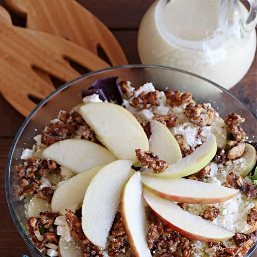 Spinach Apple Raisin Salad with Glazed Walnuts | Can't Stay Out of the Kitchen | this elegant & beautiful #salad looks like a lot of work but it can be whipped up in about 15 minutes--including the #SaladDressing! The flavors are wonderful together making it perfect for a company #salad or #holidays. Add #GrilledChicken or #GrilledSalmon for a main dish meal. #FetaCheese #raisins #apples #walnuts #TossedSalad #SpinachAppleRaisinSaladWithGlazedWalnuts