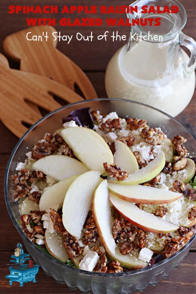 Spinach Apple Raisin Salad with Glazed Walnuts | Can't Stay Out of the Kitchen | this elegant & beautiful #salad looks like a lot of work but it can be whipped up in about 15 minutes--including the #SaladDressing! The flavors are wonderful together making it perfect for a company #salad or #holidays. Add #GrilledChicken or #GrilledSalmon for a main dish meal. #FetaCheese #raisins #apples #walnuts #TossedSalad #SpinachAppleRaisinSaladWithGlazedWalnuts