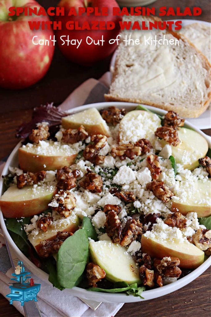 Spinach Apple Raisin Salad with Glazed Walnuts | Can't Stay Out of the Kitchen | this elegant & beautiful #salad looks like a lot of work but it can be whipped up in about 15 minutes--including the #SaladDressing! The flavors are wonderful together making it perfect for a company #salad or #holidays. Add #GrilledChicken or #GrilledSalmon for a main dish meal. #FetaCheese #raisins #apples #walnuts #TossedSalad #SpinachAppleRaisinSaladWithGlazedWalnuts
