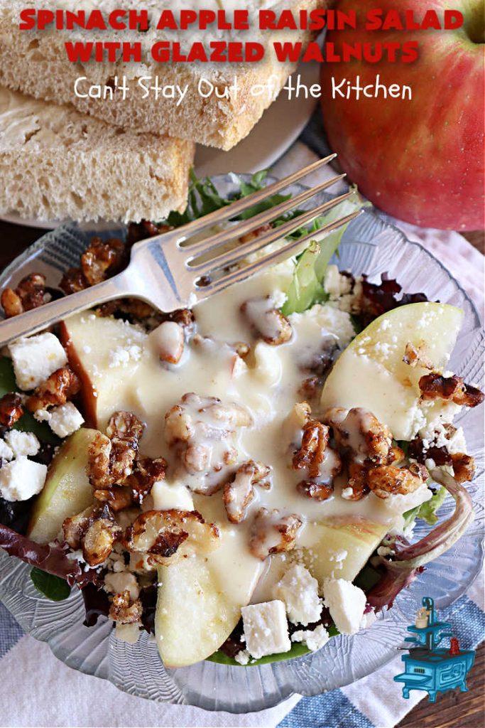 Spinach Apple Raisin Salad with Glazed Walnuts | Can't Stay Out of the Kitchen | this elegant & beautiful #salad looks like a lot of work but it can be whipped up in about 15 minutes--including the #SaladDressing! The flavors are wonderful together making it perfect for a company #salad or #holidays. Add #GrilledChicken or #GrilledSalmon for a main dish meal. #FetaCheese #raisins #apples #walnuts #TossedSalad #SpinachAppleRaisinSaladWithGlazedWalnuts