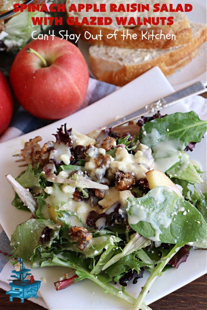 Spinach Apple Raisin Salad with Glazed Walnuts | Can't Stay Out of the Kitchen | this elegant & beautiful #salad looks like a lot of work but it can be whipped up in about 15 minutes--including the #SaladDressing! The flavors are wonderful together making it perfect for a company #salad or #holidays. Add #GrilledChicken or #GrilledSalmon for a main dish meal. #FetaCheese #raisins #apples #walnuts #TossedSalad #SpinachAppleRaisinSaladWithGlazedWalnuts