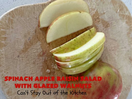Spinach Apple Raisin Salad with Glazed Walnuts | Can't Stay Out of the Kitchen | this elegant & beautiful #salad looks like a lot of work but it can be whipped up in about 15 minutes--including the #SaladDressing! The flavors are wonderful together making it perfect for a company #salad or #holidays. Add #GrilledChicken or #GrilledSalmon for a main dish meal. #FetaCheese #raisins #apples #walnuts #TossedSalad #SpinachAppleRaisinSaladWithGlazedWalnuts