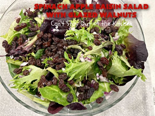 Spinach Apple Raisin Salad with Glazed Walnuts | Can't Stay Out of the Kitchen | this elegant & beautiful #salad looks like a lot of work but it can be whipped up in about 15 minutes--including the #SaladDressing! The flavors are wonderful together making it perfect for a company #salad or #holidays. Add #GrilledChicken or #GrilledSalmon for a main dish meal. #FetaCheese #raisins #apples #walnuts #TossedSalad #SpinachAppleRaisinSaladWithGlazedWalnuts