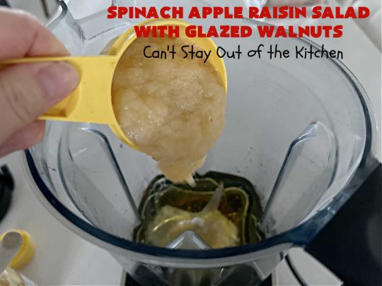 Spinach Apple Raisin Salad with Glazed Walnuts | Can't Stay Out of the Kitchen | this elegant & beautiful #salad looks like a lot of work but it can be whipped up in about 15 minutes--including the #SaladDressing! The flavors are wonderful together making it perfect for a company #salad or #holidays. Add #GrilledChicken or #GrilledSalmon for a main dish meal. #FetaCheese #raisins #apples #walnuts #TossedSalad #SpinachAppleRaisinSaladWithGlazedWalnuts
