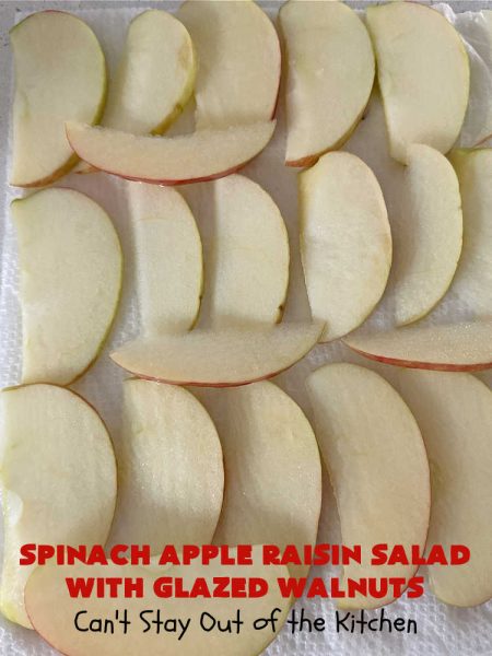 Spinach Apple Raisin Salad with Glazed Walnuts | Can't Stay Out of the Kitchen | this elegant & beautiful #salad looks like a lot of work but it can be whipped up in about 15 minutes--including the #SaladDressing! The flavors are wonderful together making it perfect for a company #salad or #holidays. Add #GrilledChicken or #GrilledSalmon for a main dish meal. #FetaCheese #raisins #apples #walnuts #TossedSalad #SpinachAppleRaisinSaladWithGlazedWalnuts