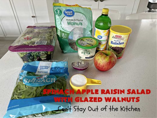 Spinach Apple Raisin Salad with Glazed Walnuts | Can't Stay Out of the Kitchen | this elegant & beautiful #salad looks like a lot of work but it can be whipped up in about 15 minutes--including the #SaladDressing! The flavors are wonderful together making it perfect for a company #salad or #holidays. Add #GrilledChicken or #GrilledSalmon for a main dish meal. #FetaCheese #raisins #apples #walnuts #TossedSalad #SpinachAppleRaisinSaladWithGlazedWalnuts