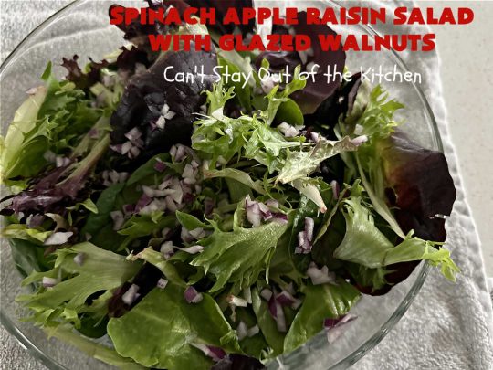 Spinach Apple Raisin Salad with Glazed Walnuts | Can't Stay Out of the Kitchen | this elegant & beautiful #salad looks like a lot of work but it can be whipped up in about 15 minutes--including the #SaladDressing! The flavors are wonderful together making it perfect for a company #salad or #holidays. Add #GrilledChicken or #GrilledSalmon for a main dish meal. #FetaCheese #raisins #apples #walnuts #TossedSalad #SpinachAppleRaisinSaladWithGlazedWalnuts