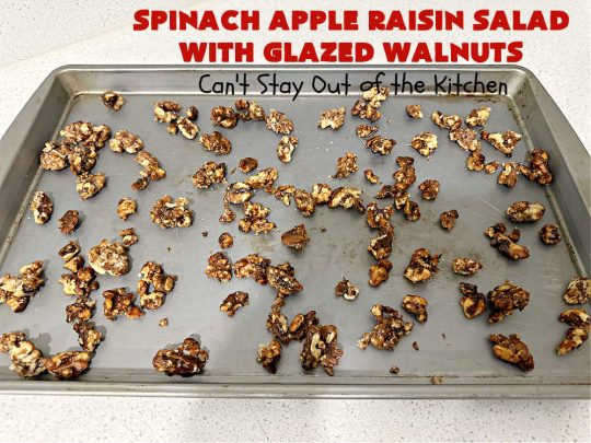 Spinach Apple Raisin Salad with Glazed Walnuts | Can't Stay Out of the Kitchen | this elegant & beautiful #salad looks like a lot of work but it can be whipped up in about 15 minutes--including the #SaladDressing! The flavors are wonderful together making it perfect for a company #salad or #holidays. Add #GrilledChicken or #GrilledSalmon for a main dish meal. #FetaCheese #raisins #apples #walnuts #TossedSalad #SpinachAppleRaisinSaladWithGlazedWalnuts
