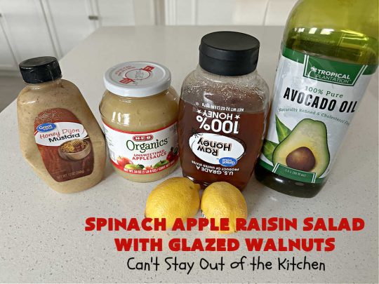 Spinach Apple Raisin Salad with Glazed Walnuts | Can't Stay Out of the Kitchen | this elegant & beautiful #salad looks like a lot of work but it can be whipped up in about 15 minutes--including the #SaladDressing! The flavors are wonderful together making it perfect for a company #salad or #holidays. Add #GrilledChicken or #GrilledSalmon for a main dish meal. #FetaCheese #raisins #apples #walnuts #TossedSalad #SpinachAppleRaisinSaladWithGlazedWalnuts