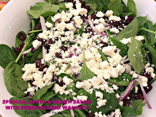 Spinach, Apple and Bacon Salad with Sugar-Glazed Walnuts | Can't Stay Out of the Kitchen | this is one of our favorite #salads. It's filled with #bacon, #apples & #feta cheese. Then homemade glazed #walnuts are added on top. Perfect #salad for company or #holiday dinners like #Easter, #MothersDay or #FathersDay. #spinach #glutenfree 