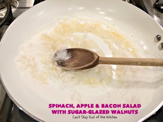 Spinach, Apple and Bacon Salad with Sugar-Glazed Walnuts | Can't Stay Out of the Kitchen | this is one of our favorite #salads. It's filled with #bacon, #apples & #feta cheese. Then homemade glazed #walnuts are added on top. Perfect #salad for company or #holiday dinners like #Easter, #MothersDay or #FathersDay. #spinach #glutenfree 