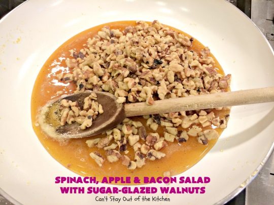 Spinach, Apple and Bacon Salad with Sugar-Glazed Walnuts | Can't Stay Out of the Kitchen | this is one of our favorite #salads. It's filled with #bacon, #apples & #feta cheese. Then homemade glazed #walnuts are added on top. Perfect #salad for company or #holiday dinners like #Easter, #MothersDay or #FathersDay. #spinach #glutenfree 