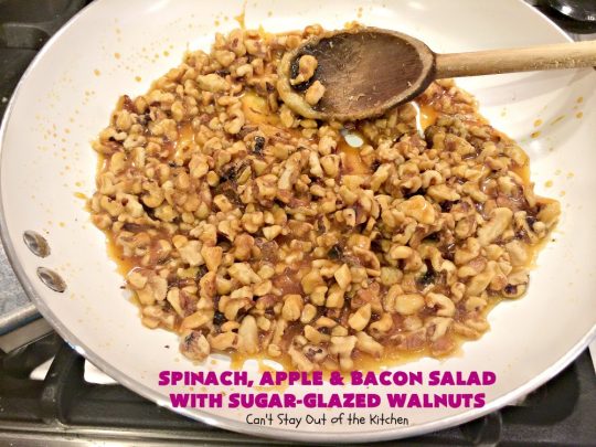 Spinach, Apple and Bacon Salad with Sugar-Glazed Walnuts | Can't Stay Out of the Kitchen | this is one of our favorite #salads. It's filled with #bacon, #apples & #feta cheese. Then homemade glazed #walnuts are added on top. Perfect #salad for company or #holiday dinners like #Easter, #MothersDay or #FathersDay. #spinach #glutenfree 