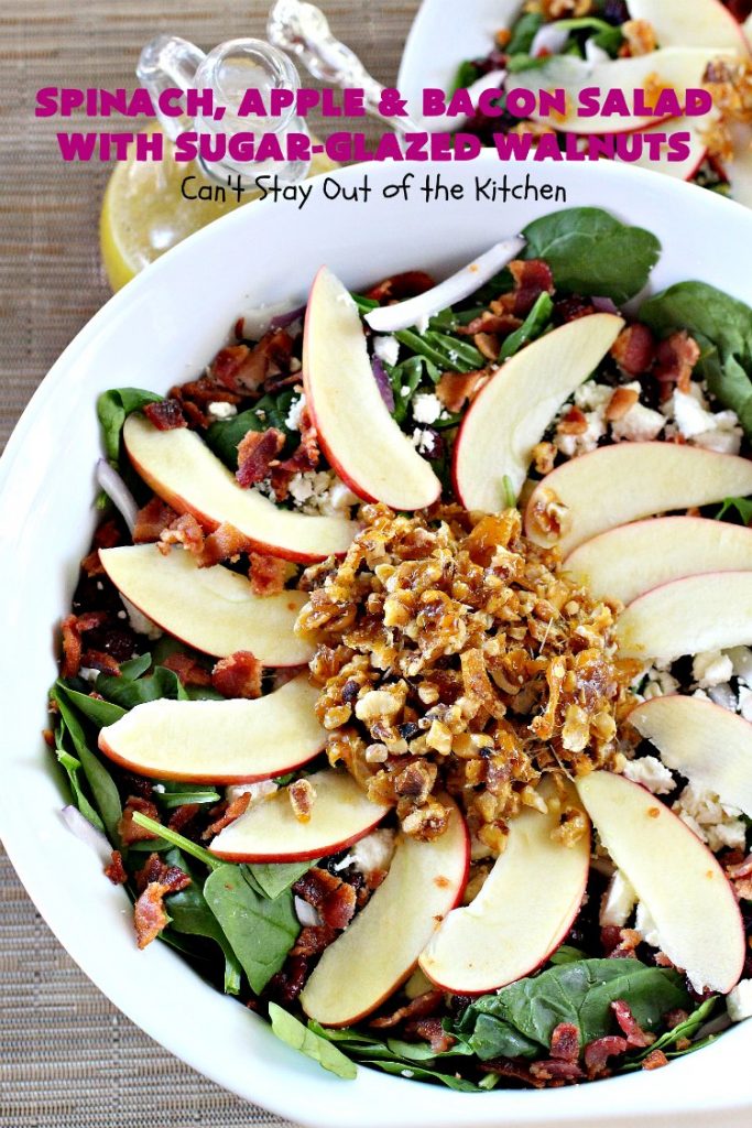Spinach, Apple and Bacon Salad with Sugar-Glazed Walnuts | Can't Stay Out of the Kitchen | this is one of our favorite #salads. It's filled with #bacon, #apples & #feta cheese. Then homemade glazed #walnuts are added on top. Perfect #salad for company or #holiday dinners like #Easter, #MothersDay or #FathersDay. #spinach #glutenfree 