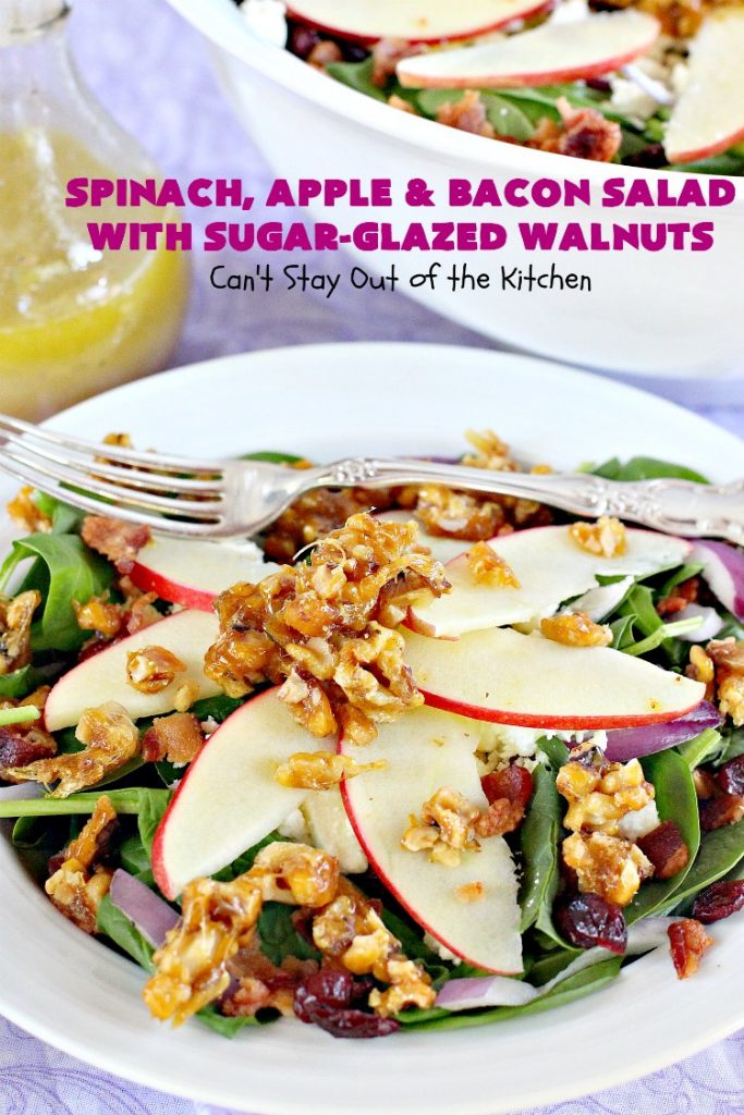 Spinach, Apple and Bacon Salad with Sugar-Glazed Walnuts | Can't Stay Out of the Kitchen | this is one of our favorite #salads. It's filled with #bacon, #apples & #feta cheese. Then homemade glazed #walnuts are added on top. Perfect #salad for company or #holiday dinners like #Easter, #MothersDay or #FathersDay. #spinach #glutenfree 