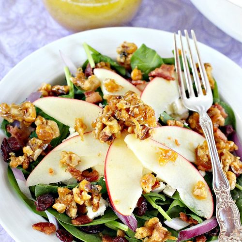 Spinach, Apple and Bacon Salad with Sugar-Glazed Walnuts | Can't Stay Out of the Kitchen | this is one of our favorite #salads. It's filled with #bacon, #apples & #feta cheese. Then homemade glazed #walnuts are added on top. Perfect #salad for company or #holiday dinners like #Easter, #MothersDay or #FathersDay. #spinach #glutenfree