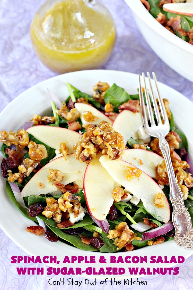 Spinach, Apple and Bacon Salad with Sugar-Glazed Walnuts | Can't Stay Out of the Kitchen | this is one of our favorite #salads. It's filled with #bacon, #apples & #feta cheese. Then homemade glazed #walnuts are added on top. Perfect #salad for company or #holiday dinners like #Easter, #MothersDay or #FathersDay. #spinach #glutenfree