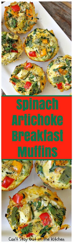 Spinach Artichoke Breakfast Muffins | Can't Stay Out of the Kitchen | these vegetarian #breakfast #muffins are fantastic. Fresh #spinach and #artichokes are combined with eggs and #cheddarcheese in a hash brown #potato crust. Perfect for any #holiday breakfast. #glutenfree