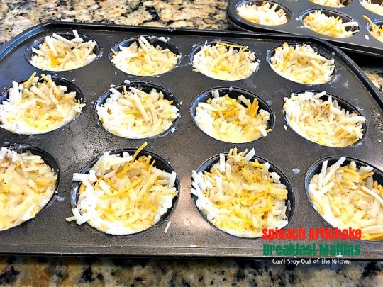 Spinach Artichoke Breakfast Muffins | Can't Stay Out of the Kitchen | these vegetarian #breakfast #muffins are fantastic. Fresh #spinach and #artichokes are combined with eggs and #cheddarcheese in a hash brown #potato crust. Perfect for any #holiday breakfast. #glutenfree