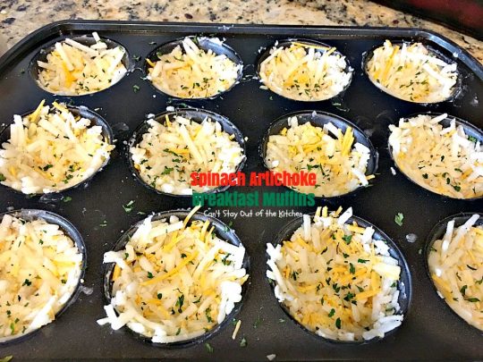 Spinach Artichoke Breakfast Muffins | Can't Stay Out of the Kitchen | these vegetarian #breakfast #muffins are fantastic. Fresh #spinach and #artichokes are combined with eggs and #cheddarcheese in a hash brown #potato crust. Perfect for any #holiday breakfast. #glutenfree