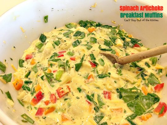 Spinach Artichoke Breakfast Muffins | Can't Stay Out of the Kitchen | these vegetarian #breakfast #muffins are fantastic. Fresh #spinach and #artichokes are combined with eggs and #cheddarcheese in a hash brown #potato crust. Perfect for any #holiday breakfast. #glutenfree