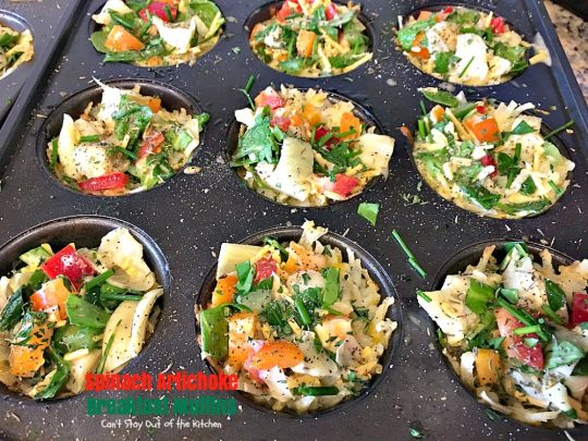 Spinach Artichoke Breakfast Muffins | Can't Stay Out of the Kitchen | these vegetarian #breakfast #muffins are fantastic. Fresh #spinach and #artichokes are combined with eggs and #cheddarcheese in a hash brown #potato crust. Perfect for any #holiday breakfast. #glutenfree
