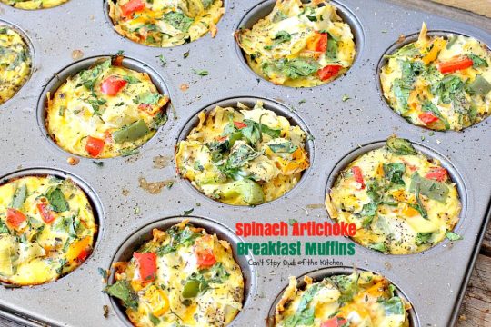 Spinach Artichoke Breakfast Muffins | Can't Stay Out of the Kitchen | these vegetarian #breakfast #muffins are fantastic. Fresh #spinach and #artichokes are combined with eggs and #cheddarcheese in a hash brown #potato crust. Perfect for any #holiday breakfast. #glutenfree