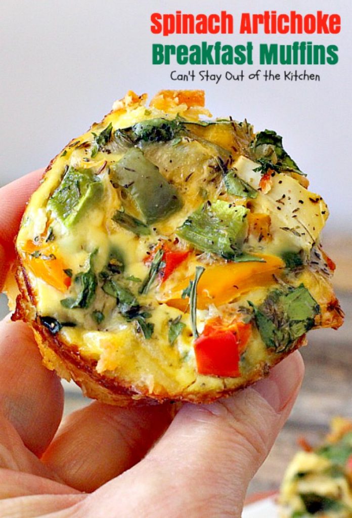 Spinach Artichoke Breakfast Muffins | Can't Stay Out of the Kitchen | these vegetarian #breakfast #muffins are fantastic. Fresh #spinach and #artichokes are combined with eggs and #cheddarcheese in a hash brown #potato crust. Perfect for any #holiday breakfast. #glutenfree