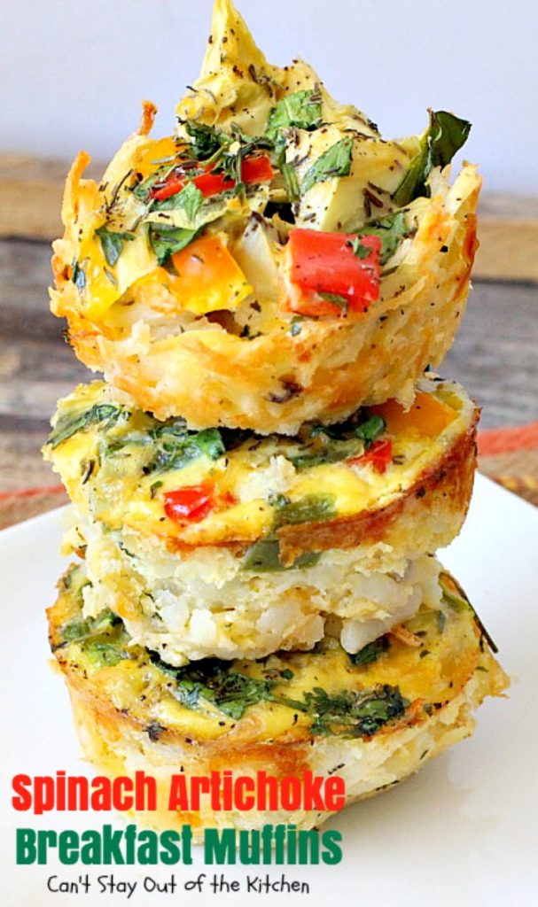Spinach Artichoke Breakfast Muffins | Can't Stay Out of the Kitchen | these vegetarian #breakfast #muffins are fantastic. Fresh #spinach and #artichokes are combined with eggs and #cheddarcheese in a hash brown #potato crust. Perfect for any #holiday breakfast. #glutenfree
