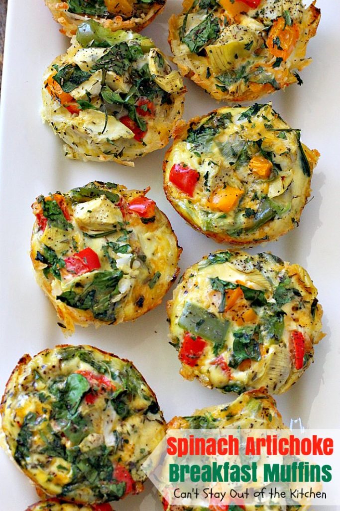 Spinach Artichoke Breakfast Muffins | Can't Stay Out of the Kitchen | these vegetarian #breakfast #muffins are fantastic. Fresh #spinach and #artichokes are combined with eggs and #cheddarcheese in a hash brown #potato crust. Perfect for any #holiday breakfast. #glutenfree