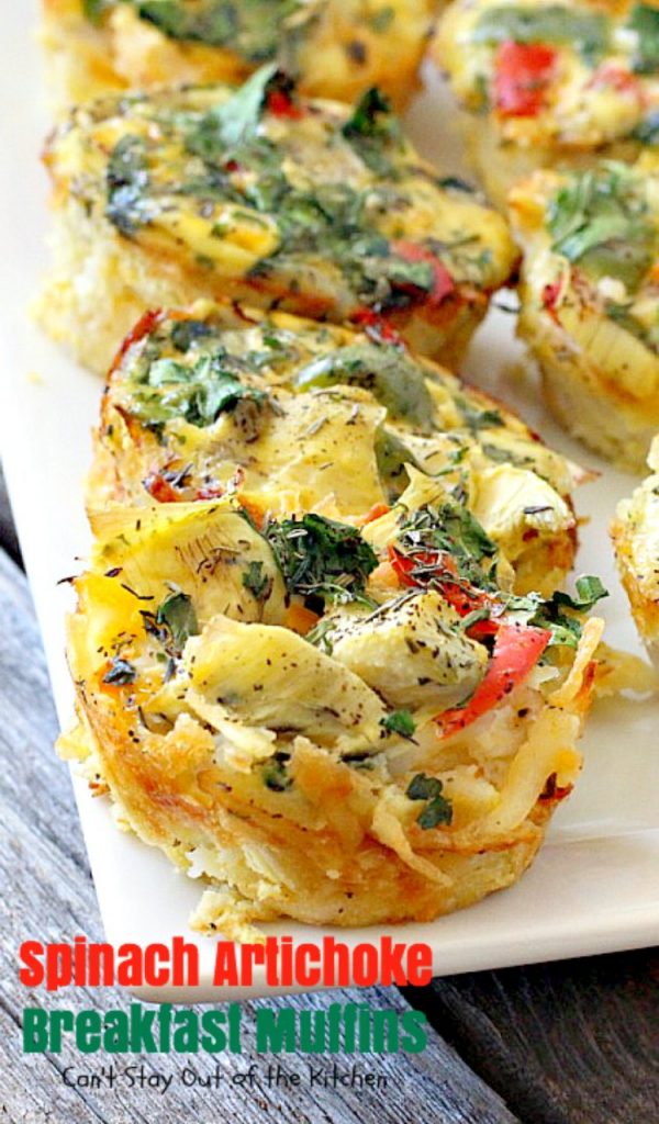 Spinach Artichoke Breakfast Muffins | Can't Stay Out of the Kitchen | these vegetarian #breakfast #muffins are fantastic. Fresh #spinach and #artichokes are combined with eggs and #cheddarcheese in a hash brown #potato crust. Perfect for any #holiday breakfast. #glutenfree