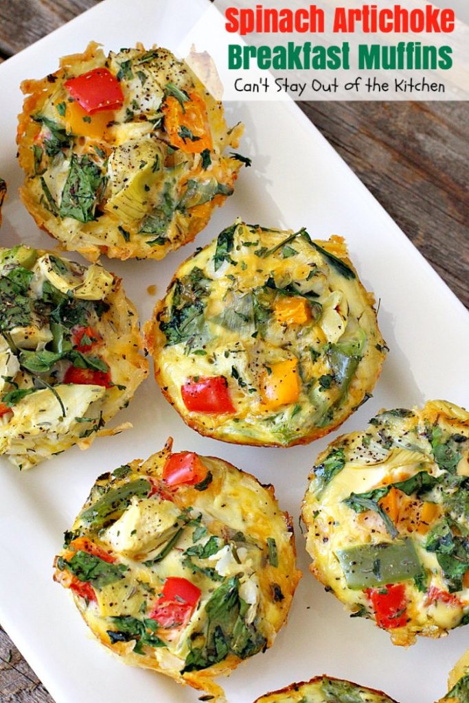 Spinach Artichoke Breakfast Muffins | Can't Stay Out of the Kitchen | these vegetarian #breakfast #muffins are fantastic. Fresh #spinach and #artichokes are combined with eggs and #cheddarcheese in a hash brown #potato crust. Perfect for any #holiday breakfast. #glutenfree