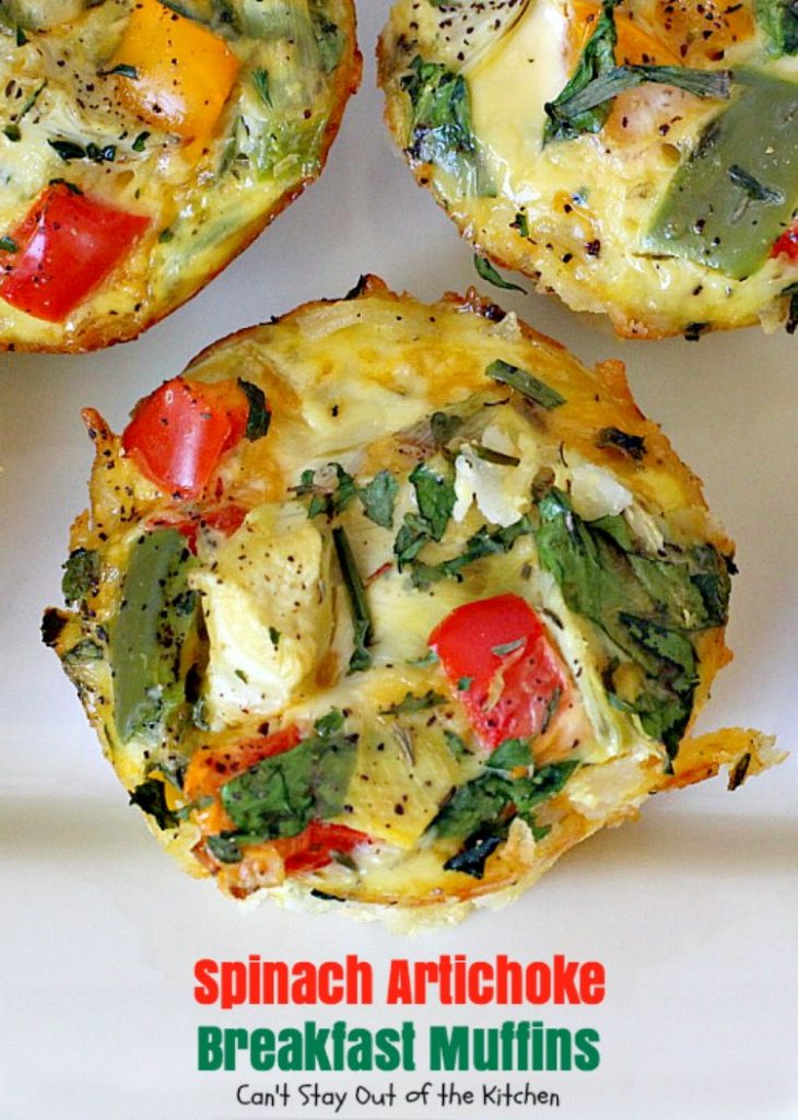 Spinach Artichoke Breakfast Muffins | Can't Stay Out of the Kitchen | these vegetarian #breakfast #muffins are fantastic. Fresh #spinach and #artichokes are combined with eggs and #cheddarcheese in a hash brown #potato crust. Perfect for any #holiday breakfast. #glutenfree