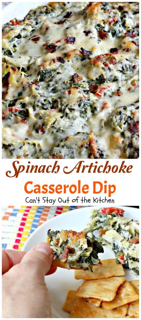 Spinach Artichoke Casserole Dip | Can't Stay Out of the Kitchen | fabulous #Neiman-Marcus #appetizer that's loaded with #cheese #bacon #spinach and #artichokes. Great #tailgating recipe. #glutenfree