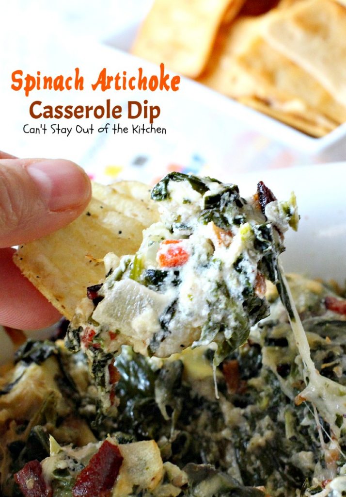 Spinach Artichoke Casserole Dip | Can't Stay Out of the Kitchen | fabulous #Neiman-Marcus #appetizer that's loaded with #cheese #bacon #spinach and #artichokes. Great #tailgating recipe. #glutenfree