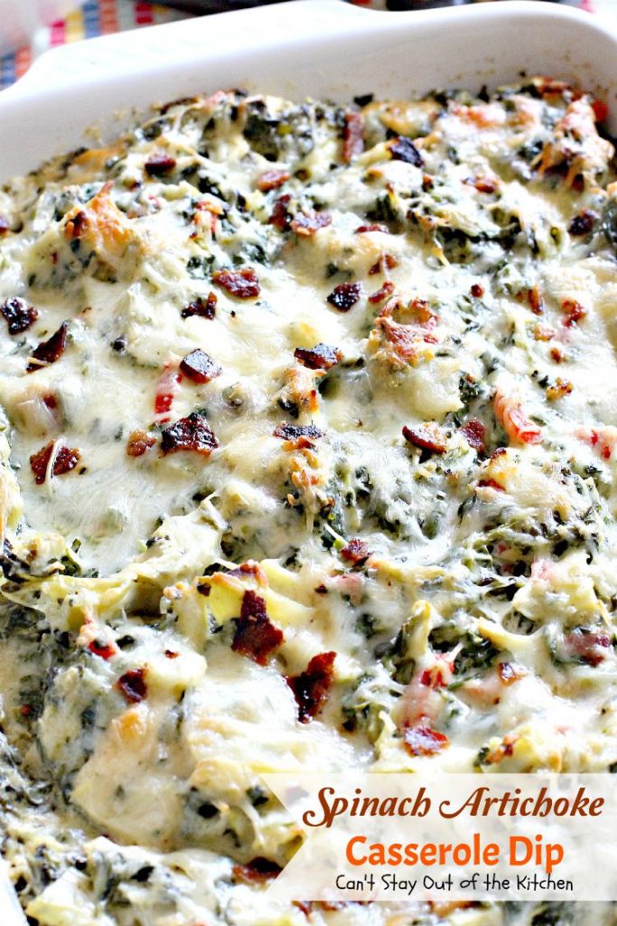 Spinach Artichoke Casserole Dip | Can't Stay Out of the Kitchen | fabulous #Neiman-Marcus #appetizer that's loaded with #cheese #bacon #spinach and #artichokes. Great #tailgating recipe. #glutenfree