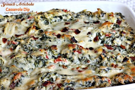 Spinach Artichoke Casserole Dip | Can't Stay Out of the Kitchen | fabulous #Neiman-Marcus #appetizer that's loaded with #cheese #bacon #spinach and #artichokes. Great #tailgating recipe. #glutenfree
