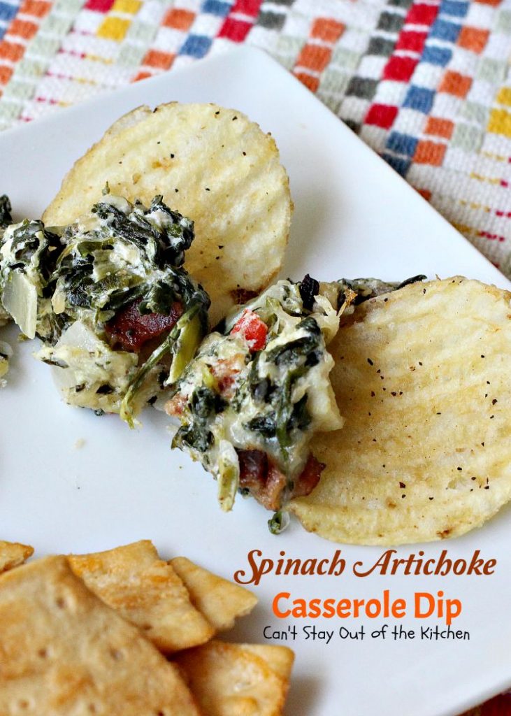 Spinach Artichoke Casserole Dip | Can't Stay Out of the Kitchen | fabulous #Neiman-Marcus #appetizer that's loaded with #cheese #bacon #spinach and #artichokes. Great #tailgating recipe. #glutenfree