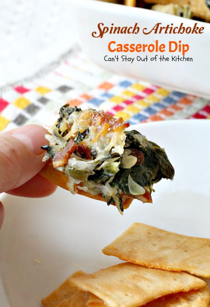 Spinach Artichoke Casserole Dip | Can't Stay Out of the Kitchen | fabulous #Neiman-Marcus #appetizer that's loaded with #cheese #bacon #spinach and #artichokes. Great #tailgating recipe. #glutenfree