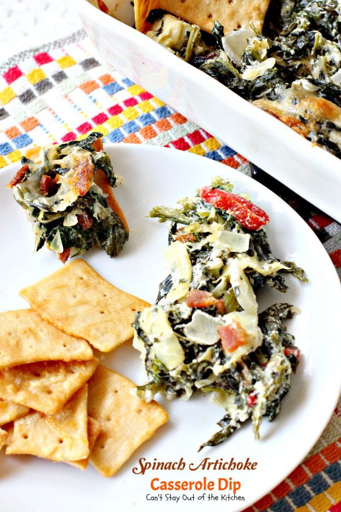 Spinach Artichoke Casserole Dip | Can't Stay Out of the Kitchen | fabulous #Neiman-Marcus #appetizer that's loaded with #cheese #bacon #spinach and #artichokes. Great #tailgating recipe. #glutenfree