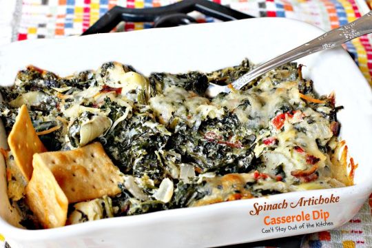 Spinach Artichoke Casserole Dip | Can't Stay Out of the Kitchen | fabulous #Neiman-Marcus #appetizer that's loaded with #cheese #bacon #spinach and #artichokes. Great #tailgating recipe. #glutenfree