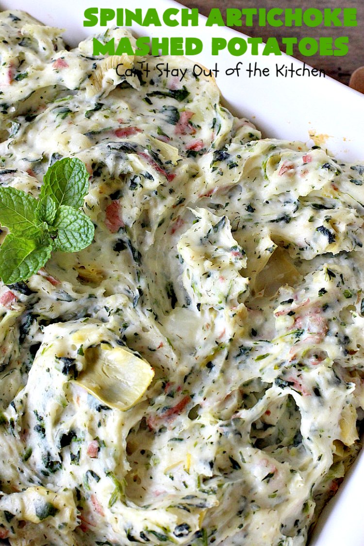 Spinach Artichoke Mashed Potatoes | Can't Stay Out of the Kitchen | this is a dynamic way to eat #mashedpotatoes. This one includes #creamcheese and sour cream along with #spinach, #artichokes & roasted #garlic. It's a terrific #sidedish for any meal but particularly delightful for company & #holidays like #Thanksgiving or #Christmas. #glutenfree